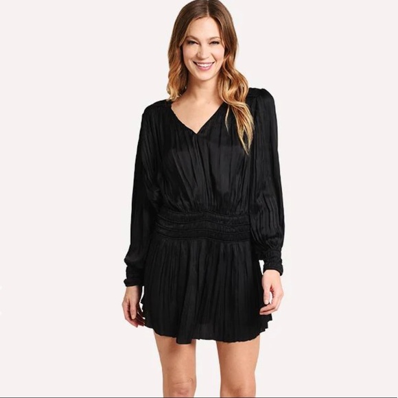 FRAME Women’s Pleated Pleat V Neck Long Sleeve Dress Smocked Black Size XS New - Picture 3 of 16
